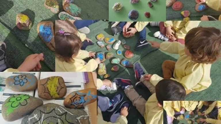 Collage con imagenes del taller de pintura en piedra